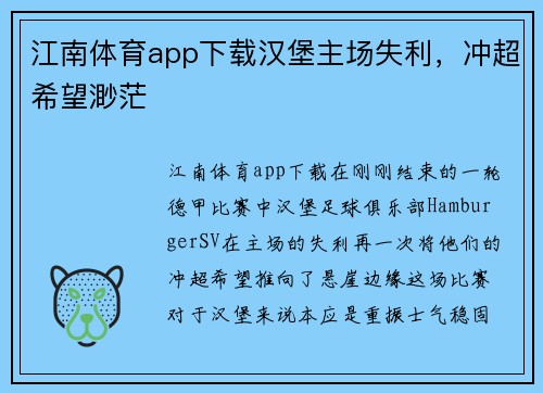 江南体育app下载汉堡主场失利，冲超希望渺茫