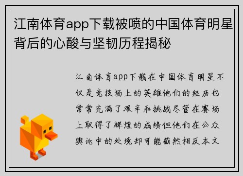 江南体育app下载被喷的中国体育明星背后的心酸与坚韧历程揭秘